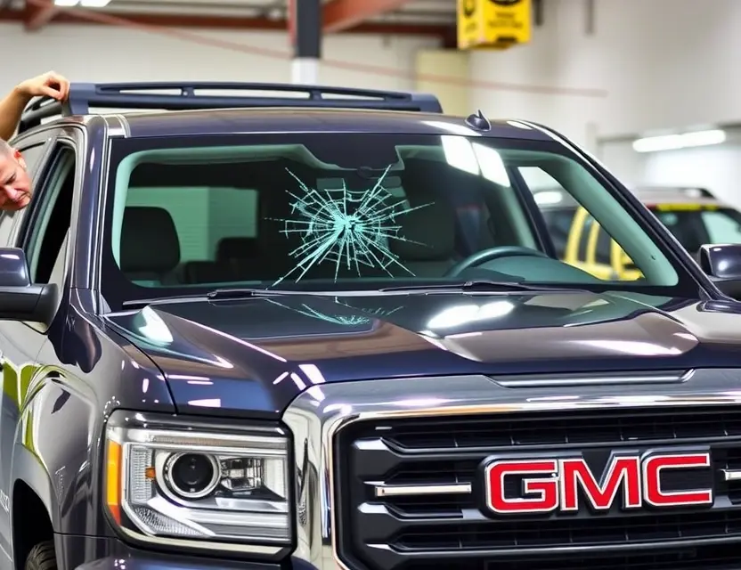 A high-quality image depicting a GMC vehicle with a cracked windshield undergoing a windshield replacement service. The scene should show a mechanic working on the windshield, tools visible, and a clean, well-lit garage environment. Focus on the replacement process and the vehicle's exterior.