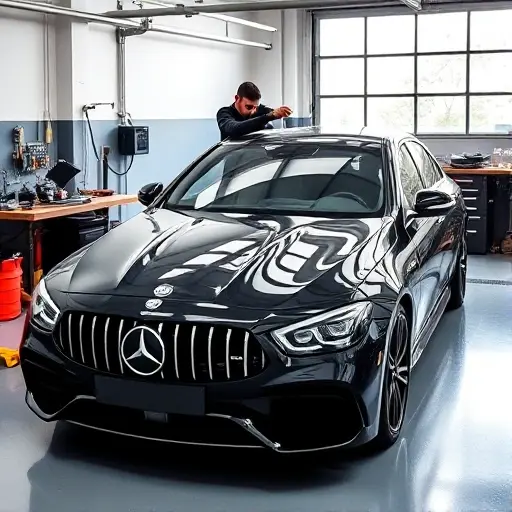 A sleek high-performance Brabus G800 sedan in a modern garage, with a professional technician carefully installing a new windshield. The scene shows clean tools on a workbench, bright natural lighting, and focus on the car and the glass replacement process.