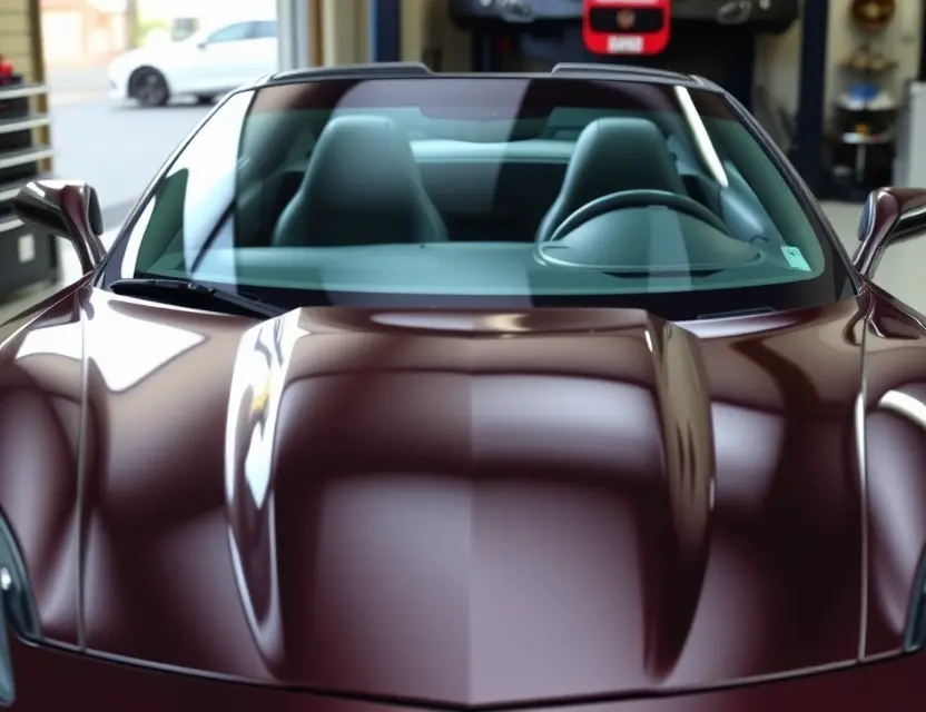 A Chevrolet Corvette C5 with a newly replaced windshield, showing a clean, seamless installation with no visible damage or imperfections, viewed from the front at a slight angle in daylight, professional automotive repair setting in the background