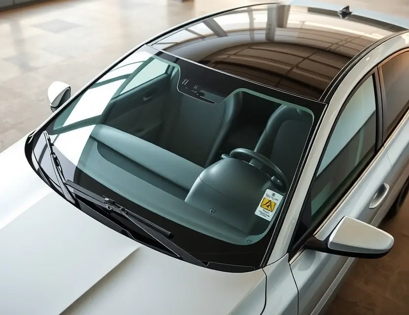 A high-quality image of an Exeed VX car with a replaced windshield. The car is parked on a clean, well-lit surface. The replaced windshield should be seamlessly integrated with the original glass, showing no visible cracks or imperfections. Focus on the details of the windshield replacement process, highlighting the modern automotive technology involved.