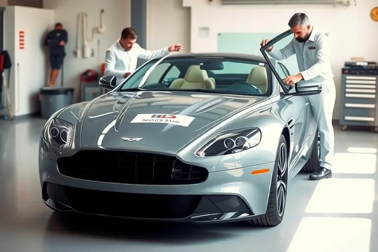 A sleek Aston Martin V8 Vantage with its front view, a professional mechanic in clean workwear carefully removing the old windshield and holding a new glass panel, the car positioned in a well-lit garage with tools and a clean background, emphasizing the precision of the windshield replacement process