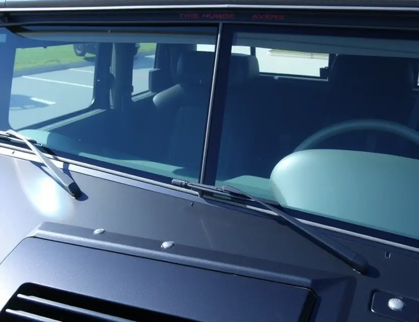 A Hummer H1 with a replaced windshield, showcasing the new glass. The vehicle is parked outdoors on a sunny day. Focus on the clarity and quality of the replacement windshield.