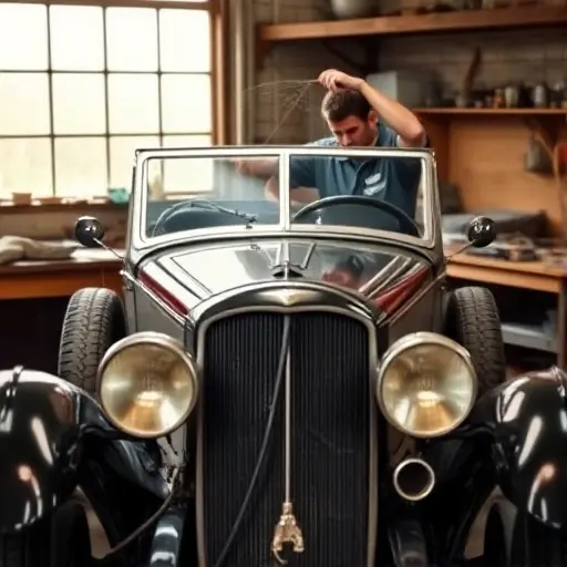 A classic 1930s Wanderer W25K automobile in a vintage workshop, with a mechanic carefully removing the old windshield and installing a new one. The scene shows the car's front view, the cracked original glass, and the replacement windshield being positioned, with period-appropriate tools and a wooden workbench in the background. Emphasize the details of the car's bodywork and the glass replacement process, capturing a realistic, historical automotive repair atmosphere.