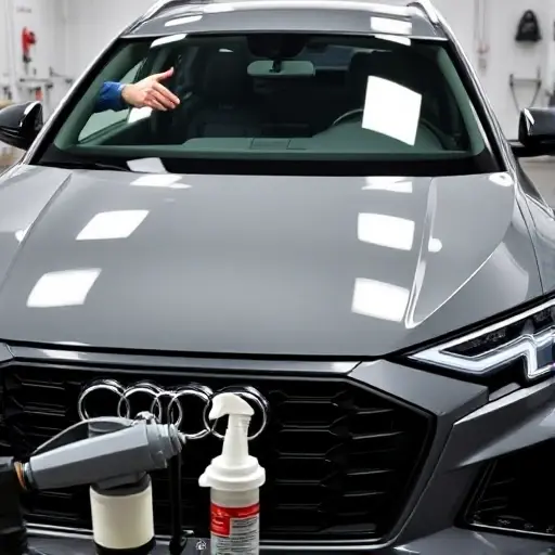 A close-up, high-resolution image of a mechanic in a clean workshop replacing the windshield of an Audi RS Q3 2.5 TFSI 400 hp (2019–present). The scene shows the front of the car with the old windshield partially removed, a new glass panel being positioned, and tools such as suction cups, a glass cutter, and a sealant dispenser in the foreground. The focus is on the precision of the replacement process, with the car’s distinctive front grille and LED headlights visible. The lighting is bright and evenly distributed, highlighting the glossy finish of the new glass and the metallic details of the car. No text, logos, or digits are present in the image.