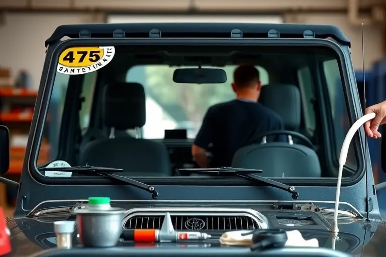 A mechanic in a workshop is replacing the windshield of a Toyota Land Cruiser 300 3.3 V6 diesel 305. The front of the vehicle is visible with the old windshield partially removed and a new clear windshield being fitted. Tools such as a suction cup, a sealant gun, and a cleaning cloth are on the workbench. The scene is well-lit, with focus on the glass and the mechanic's hands.