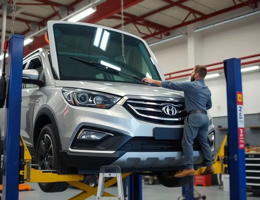 A professional automotive workshop scene showing a technician carefully installing a new windshield on a Changfeng SUV. The vehicle is elevated on a lift, with the old glass removed and the new glass being positioned with precision tools. The setting is clean, well-lit, and organized, emphasizing safety and expertise in auto glass replacement.