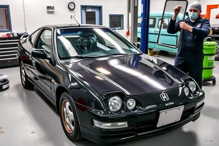 A 1992-1993 Acura Integra with a 1.8 B18 engine parked in a clean workshop, a mechanic in protective gear is carefully removing the cracked windshield and holding a new windshield ready for installation. The scene shows automotive tools, a suction cup device, and a clear focus on the car's front area, emphasizing the windshield replacement process.