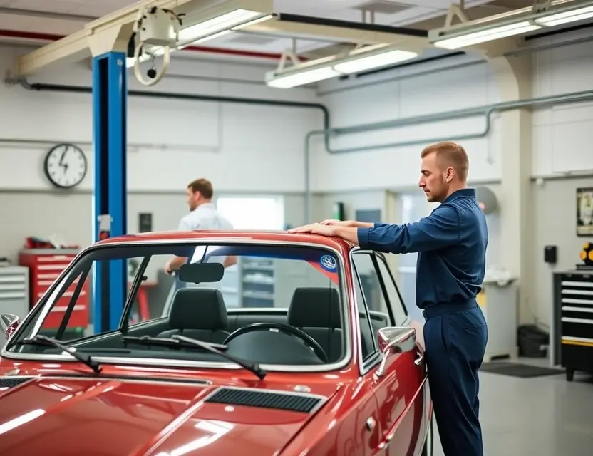 A clean, modern auto service center showing a technician carefully replacing the windshield of an Alfa Romeo 33 Strada, with professional tools and equipment visible, soft lighting, realistic details, no people in the background, no text or logos