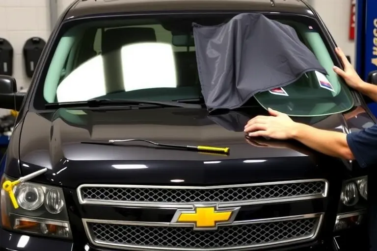 A realistic scene of a mechanic replacing the windshield on a 2007-2010 Chevrolet Tahoe V8. The image shows the front of the vehicle with the old windshield removed, a new windshield being fitted, tools such as a suction cup, a wiper blade, and a protective cover. The setting is a garage with a workbench or car lift, and the mechanic’s hands are visible working on the glass. No text, logos, or additional vehicles should appear.