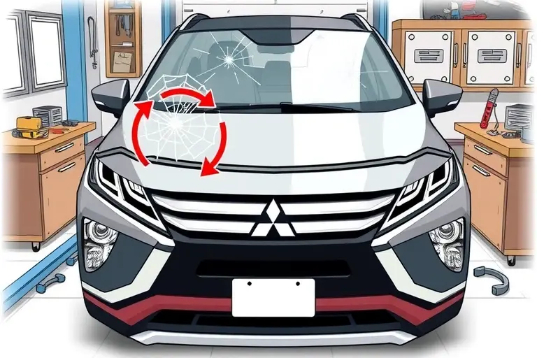 A detailed illustration of a mechanic installing a new windshield on a Mitsubishi Eclipse Cross 1.5 Turbo 152, showing the car's front profile, the old cracked windshield being removed, the new clear glass being fitted, with tools and a workbench in a garage setting. The focus is on the replacement process, highlighting the precision and care of the mechanic's hands, the clear glass, and the car's front design. No text or lettering should appear in the image.