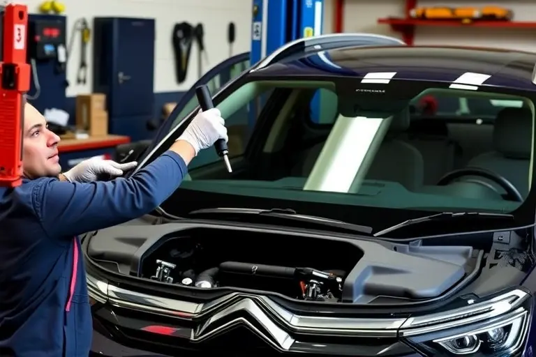 A detailed workshop scene showing a mechanic replacing the windshield of a Citroën C5 Aircross 1.6 Turbo. The mechanic, wearing gloves and protective gear, is carefully removing the old windshield with a suction cup, cleaning the mounting area, applying adhesive, and installing the new clear glass. The car is partially lifted on a jack, with the hood open, revealing the windshield frame. The background shows tools, a workbench, and a clear view of the vehicle's front.