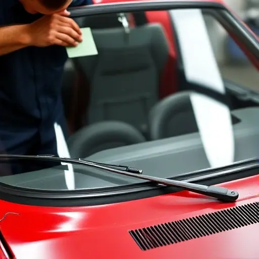 A close-up of a mechanic replacing the windshield on an Austin Metro 1.3 Turbo (1983-1990) car, showing the new clear glass installed with the car's front hood and bumper visible, no text or brand logos