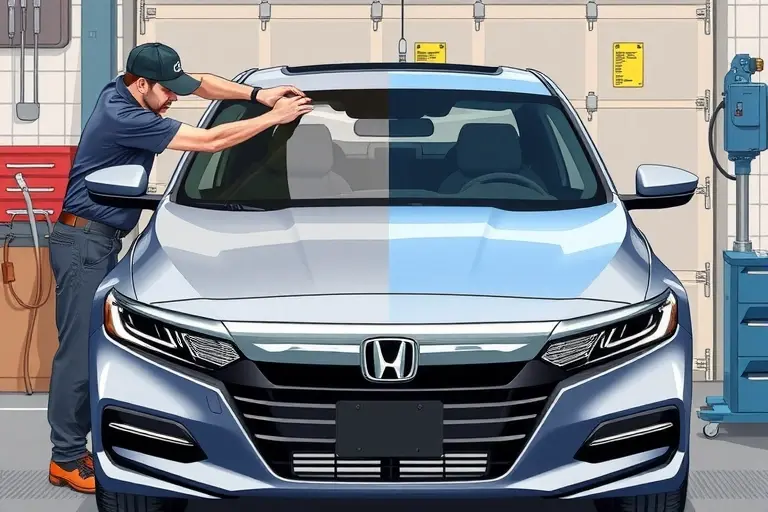 A detailed illustration of a mechanic replacing the windshield of a 2022 Honda Accord 2.0 Hybrid 204 hp in a garage setting, showing the car's front, the old windshield being removed, the new windshield being installed, with tools and safety equipment visible, realistic style