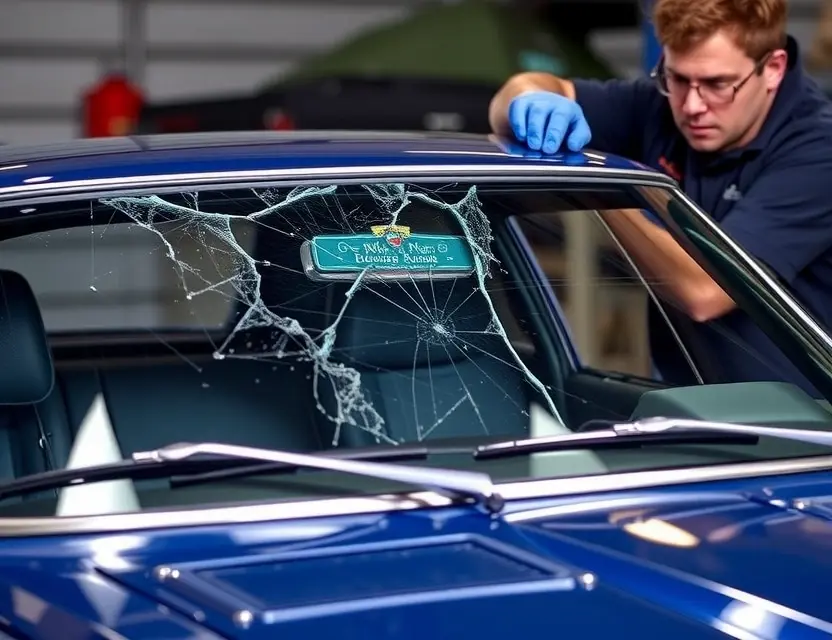 A Datsun 240Z with a cracked windshield being replaced by a mechanic. The mechanic is wearing gloves and safety glasses. The replacement windshield is being installed. The background is a garage or workshop.