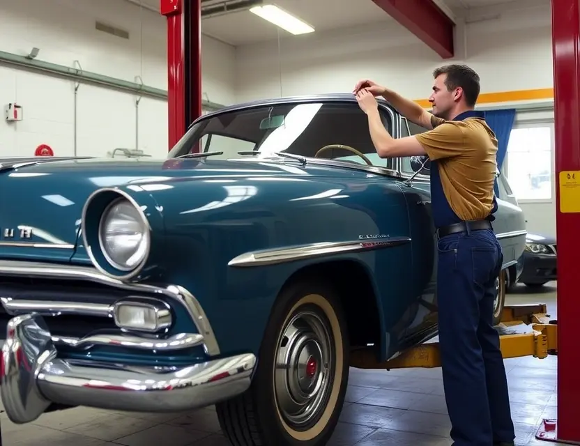 Замена лобового стекла Plymouth A mechanic is replacing a windshield on a classic Plymouth car in a garage. The car is raised on a lift, and the mechanic is using tools to remove the old windshield and install a new one. Focus on the car and the repair process.
