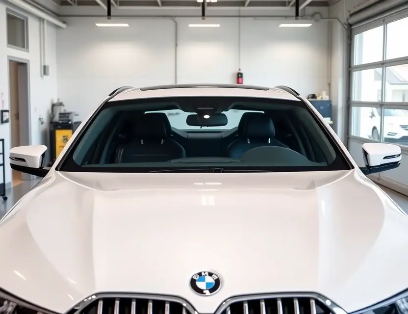 A high-quality image of a luxury Alpina B8 Gran Coupe with a newly installed windshield, shown in a clean automotive service center with soft lighting, no people, no text, no logos, no tools visible, focusing on the car's elegant design and pristine glass