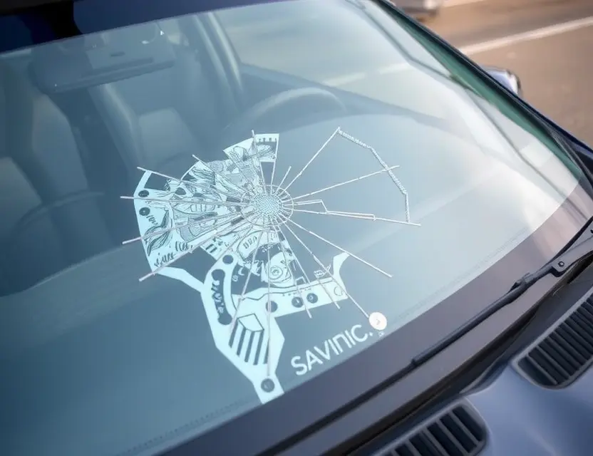 A close-up shot of a Cizeta car with a cracked windshield, showing the area where the windshield needs replacement. The car should be parked on a clean, paved surface. Focus on the damaged windshield area.