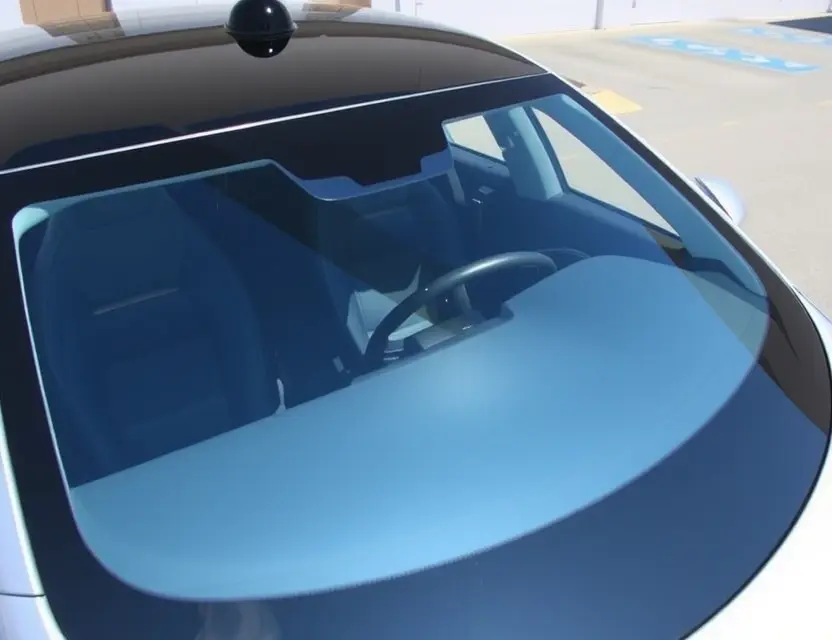 A Tesla Model Y Long Range with a replaced windshield, showcasing the new glass. The car is parked outdoors on a sunny day, with a clean and modern aesthetic. Focus on the clarity and quality of the replacement windshield.