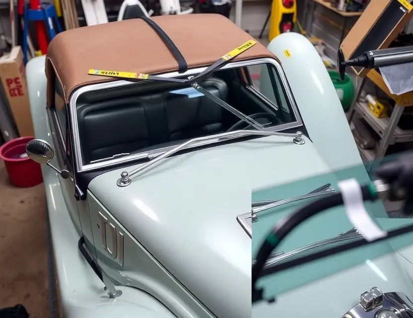 A detailed, high-quality image of a Morgan Plus Six undergoing windshield replacement. The car is parked in a garage with tools and parts scattered around. Focus on the process of removing the old windshield and installing the new one. Show close-ups of the windshield replacement tools and the new glass.