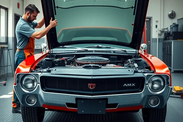 A classic 1968-1970 AMC AMX with its front end exposed, showing a mechanic in work clothes carefully removing the old windshield and installing a new one. The scene is set in a clean garage with automotive tools, a windshield lifting tool, and a clear view of the car's distinctive grille and headlights. Emphasize realistic lighting, detailed metal and glass textures, and a focus on the replacement process without any text or branding.