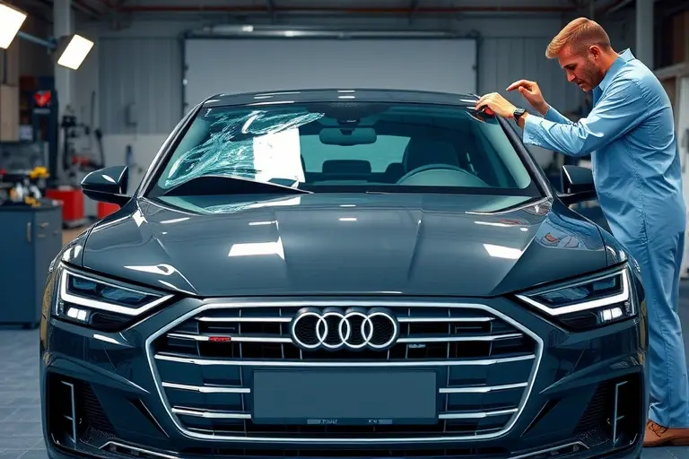 A professional garage scene showing an Audi A8 (2017‑present) with its front windshield being removed and a new windshield being installed. The car is positioned front‑on, the damaged windshield is partially lifted, and a technician in a clean uniform uses suction cups and tools to handle the glass. The background includes a well‑lit workshop with equipment, but no logos or text.