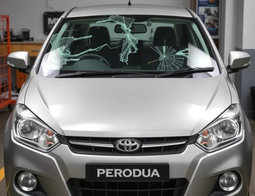 A high-quality, realistic image of a Perodua car with its front windshield being replaced, showing the process or the finished result with a clear, undamaged glass pane, in the style HQ-832-640-h