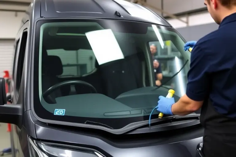 A mechanic in a garage replacing the windshield of a Khazar LDV diesel 2.5 136 hp (2018–present). The image shows the car on a lift or jack, the old windshield removed, a new clear glass panel being fitted, tools such as a suction cup, a sealant gun, a rubber mallet, and a protective cover. The setting is a well-lit workshop with a workbench, a car hood open, and the mechanic wearing gloves and a protective apron. The focus is on the hands, the glass panels, and the car body, with a clear view of the windshield area. No text, logos, or numbers should appear in the image.