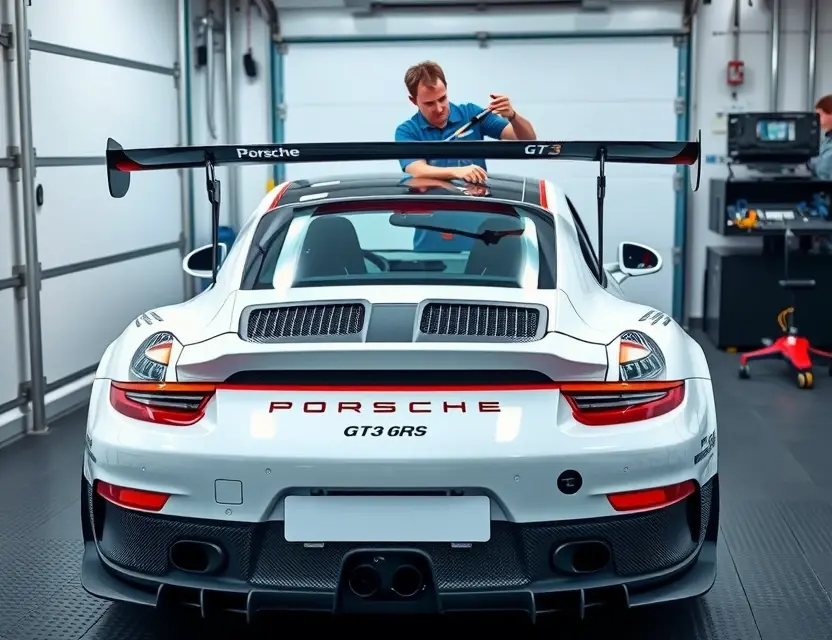 Замена лобового стекла Porsche 911 GT3 RS A high-resolution image of a Porsche 911 GT3 RS with its windshield being replaced in a professional auto glass service bay, showing a technician carefully installing a new windshield using suction tools, with the car's distinctive aerodynamic body, rear wing, and racing livery visible, garage lighting highlighting precision work, no text or logos on the windshield or body, clean and realistic automotive service environment