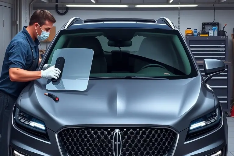 A detailed, realistic illustration of a 2019 Lincoln Nautilus 2.0 Turbo 250 hp in a garage setting, focusing on the windshield replacement process. The image should show a mechanic wearing protective gloves and a face mask, carefully removing the old windshield from the front of the vehicle and positioning a new, clear glass panel. The car’s front profile should be visible, with the hood slightly open to reveal the windshield frame and the surrounding body panels. Include tools such as a suction cup, a windshield removal kit, and a cleaning brush. The background should depict a workshop environment with a workbench, a car jack, and a neatly organized toolbox, all rendered in a realistic, high-resolution style. The lighting should highlight the glass surface and the metallic parts of the car, creating a subtle reflection effect on the windshield.