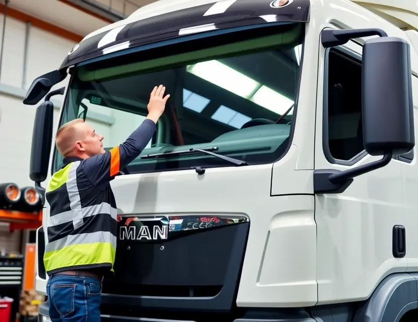 A professional mechanic replacing the windshield of a MAN truck. The scene should include the truck with its hood open, the mechanic wearing safety gear, and the new windshield being carefully installed. The setting should be a well-lit garage or service bay with appropriate tools and equipment visible.