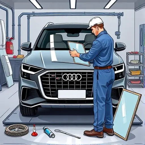 A detailed, realistic illustration of a mechanic replacing the front windshield on an Audi Q8 3.0 V6 TDI 435 hp (2020–present). The scene shows the car parked on a service platform, the old windshield removed and a new one being installed. The mechanic, wearing a blue coveralls and a helmet, holds a windshield with a protective film. Tools such as a suction cup, a sealant dispenser, and a glass cutter are visible. The background includes a garage setting with a workbench, a spare windshield on a rack, and a safety barrier. The focus is on the precision of the replacement process, the clear glass, and the modern interior of the Audi Q8. The image should have a clean, professional look with accurate lighting and realistic textures.