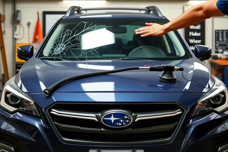 A detailed, realistic scene of a mechanic replacing the windshield of a Subaru Outback 2.5L 185hp (2020–present). The image shows the front of the car with the old cracked windshield removed and a new clear glass being fitted. Tools such as a suction cup, a glass cutter, and a vacuum tool are visible. The setting is a well-lit garage with a workbench and a Subaru Outback in the background. The focus is on the glass, the car's front fascia, and the mechanic's hands in the process of securing the new windshield. No text, letters, or digits should appear in the image.