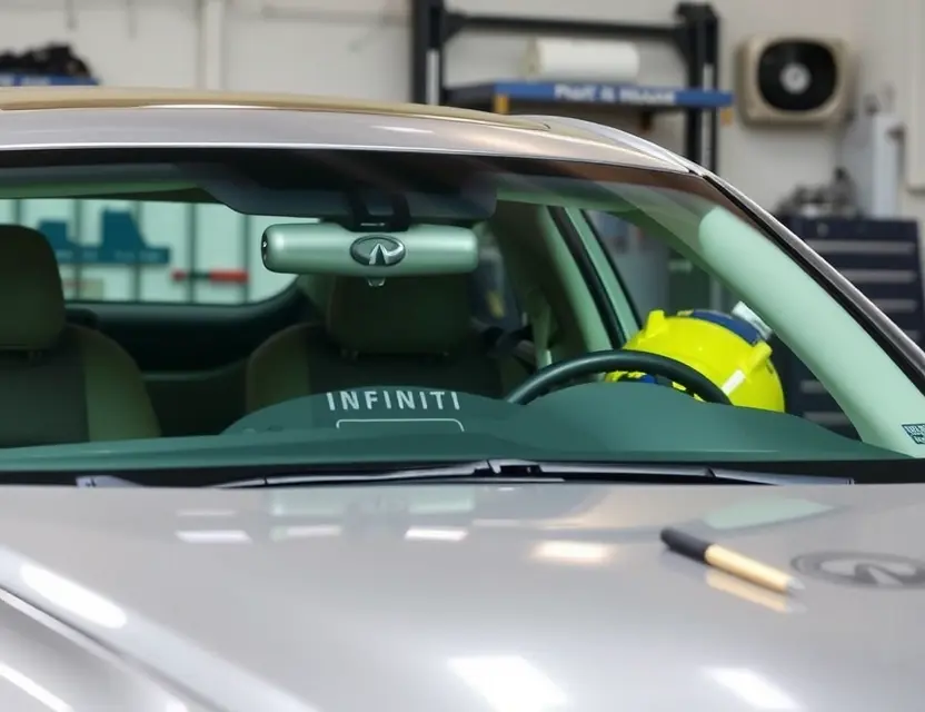 A high-quality image depicting the replacement of a windshield on an Infiniti vehicle. The scene should show a mechanic working on the windshield, with tools and parts visible. The Infiniti car should be clearly identifiable, and the replacement process should be in progress. Focus on the technical aspects of the repair.