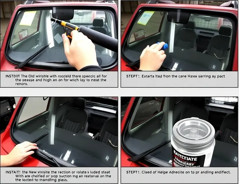 A detailed step-by-step process of replacing the windshield of a Geo Tracker, showing the removal of the old windshield, preparation of the new windshield, and installation of the new windshield. Include close-up shots of the tools and materials used, such as a windshield removal tool, adhesive, and a suction cup for handling the glass.