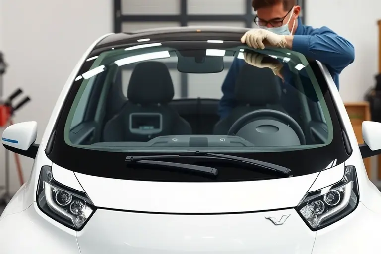 An electric iCar 03 with a newly installed windshield, depicted in a workshop setting. The image shows a mechanic in protective gear carefully fitting the new glass to the car's front, highlighting the clear, smooth surface of the windshield and the sleek design of the vehicle. The focus is on the replacement process, with realistic lighting and a clean background.