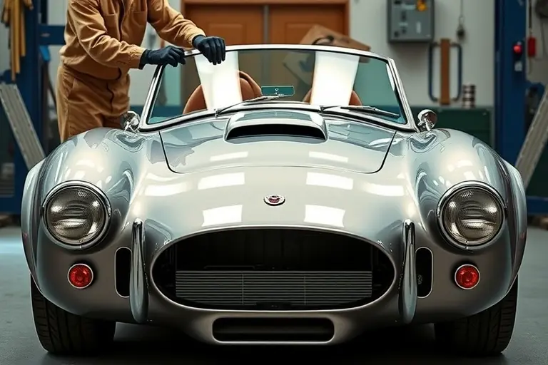 A classic 1965-1967 AC Cobra MkIII 7.0 V8 with its iconic low-slung body, shown from a front three-quarter angle in a workshop. The windshield is being carefully removed by a mechanic wearing period-appropriate coveralls and gloves, with tools such as a suction cup and a wrench visible. The scene captures the metallic gleam of the car, the texture of the glass, and the realistic workshop lighting, emphasizing the precision of the windshield replacement.