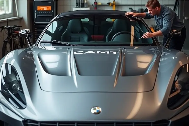 A detailed, realistic scene of a Bristol Fighter 8.0 L V10 sports car (2006 model) in a workshop, with a professional mechanic carefully removing the old windshield and installing a new one. The focus is on the car's sleek front profile, the glass panels, and the tools used for the replacement, captured from a slightly low angle to emphasize the vehicle's elegance and the precision of the work.