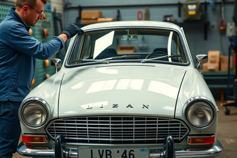 A detailed, realistic scene of a Triumph Dolomite Sprint 1.8 L 127 hp parked in a workshop, with the front windshield being removed and a new windshield positioned for installation. Show a professional mechanic in protective gloves and goggles handling the glass, using suction cups and a wrench. The car's classic lines and the workshop environment (tool rack, lighting) should be clearly visible, focusing on the windshield replacement process.