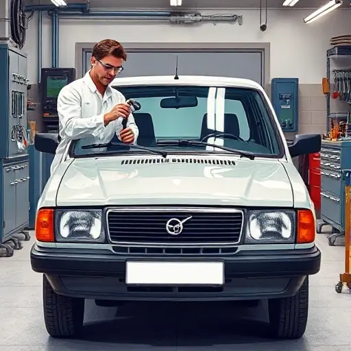 A detailed scene of a mechanic in a workshop carefully removing and installing a new windshield on a ZAZ 1102 Tavria (1987-1998) sedan. The car is positioned front‑center, showing the open front frame where the old glass has been taken out and the new glass is being aligned. The mechanic wears a white coverall and safety glasses, holding a suction cup tool. The background includes typical garage elements like tool cabinets, a workbench, and soft lighting, but no other vehicles or brand logos. The focus is on the car, the windshield, and the hands‑on repair process, rendered in a clear, realistic style suitable for a small high‑quality illustration.