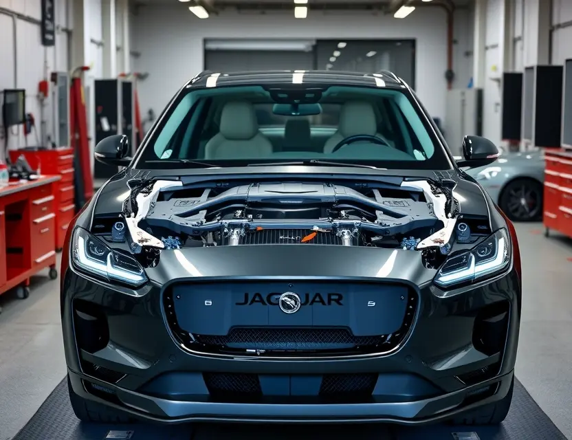A high-quality, realistic photo of a Jaguar I-Pace electric SUV in a professional auto repair shop, with the front windshield removed and the frame exposed, showing the bonding area and surrounding bodywork, clean lighting, no people, no text, no logos