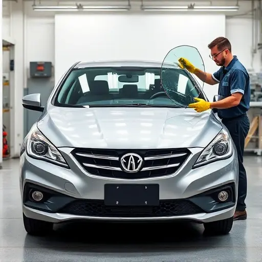 A Brilliance V5 sedan (model years 2011-2018) parked in a clean auto workshop, with a professional mechanic in safety gloves and goggles carefully removing the old windshield and holding a new glass ready for installation. The scene shows the car's front end, the cracked windshield being lifted, a suction cup tool, and a clear, bright workshop background with minimal equipment visible, focusing on the windshield replacement process.