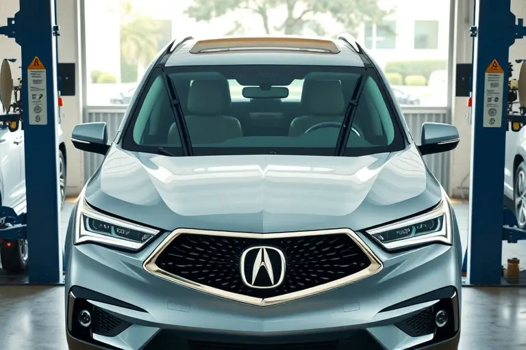A realistic, high‑detail scene of a 2022 Acura MDX with its front windshield being removed and replaced by a mechanic in a clean auto service garage. The car is centered, showing the open windshield frame, the new glass positioned ready for installation, and professional tools such as suction cups, protective blankets, and a windshield removal tool. Bright natural lighting highlights the vehicle's sleek lines and the precise work area, with no other vehicles or distracting elements.