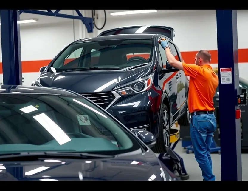 A high-quality, realistic image showing the process of replacing the windshield on a Changan Eado Plus car in a professional auto repair shop. The scene features a clean, well-lit garage with the car elevated on a lift. A mechanic is carefully removing the old windshield using specialized tools, while a new, pristine windshield is positioned nearby, ready for installation. The car's sleek design and modern features are visible, emphasizing the precision and care taken during the replacement proc