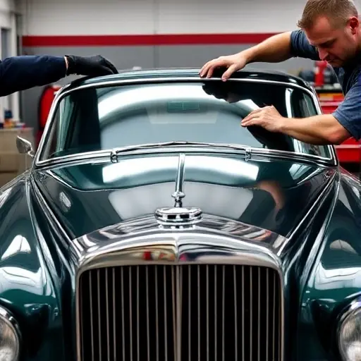 A detailed close-up of a mechanic replacing the windshield on a 1960s Bentley S3 6.2 L V8, showing the old glass being removed and the new glass being fitted, with the car's front hood and chassis visible, in a workshop setting
