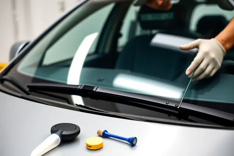 A detailed close‑up of a mechanic replacing the windshield of a LADA Vesta 1.8 L 122 hp (2016–2019). The front of the car is shown with the old windshield partially removed and a new clear glass panel being fitted. Tools such as a suction cup, a small brush and a measuring tape are visible in the foreground. The background is a clean garage setting with subtle, focused lighting that highlights the precision of the replacement process.