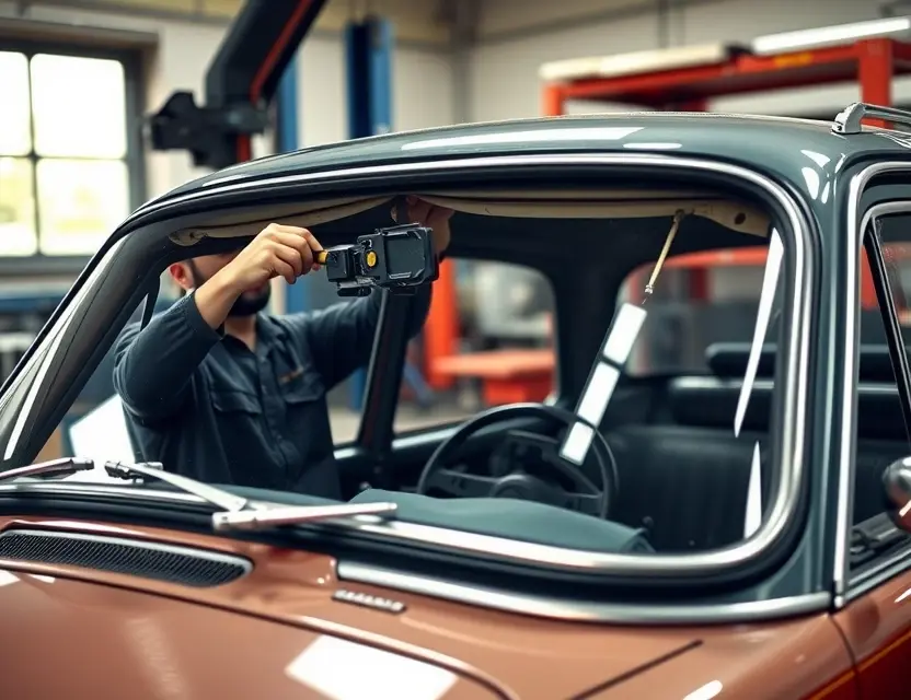 Замена лобового стекла Triumph Dolomite Sprint A detailed close-up of a mechanic replacing the windshield of a Triumph Dolomite Sprint, showing the tools and techniques used, with the car in a well-lit garage setting, no text or labels