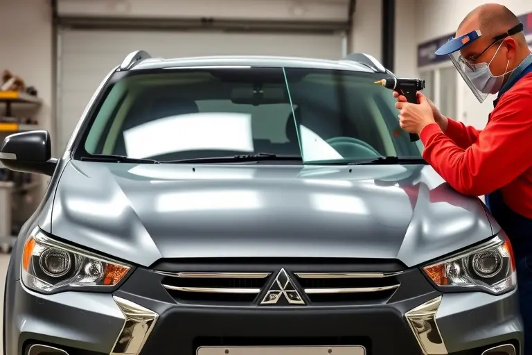 A detailed, realistic scene of a mechanic replacing the windshield on a Mitsubishi ASX 1.3 Turbo MHEV 158 hp. The image shows the car in a garage setting, the old windshield partially removed, a new clear glass panel being fitted, tools such as a suction cup, a sealant gun, and a protective mask on the mechanic. The focus is on the car’s front, the windshield area, and the hands of the mechanic applying adhesive. The background is a clean workshop with subtle lighting, no text or signage visible.