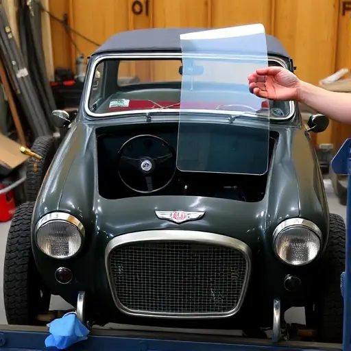 A vintage Austin Seven car with its windshield being replaced by a mechanic. The scene shows the car on a workbench, the old windshield removed, a new glass panel being fitted, tools like a glass cutter, a hand, a safety mask, and a backdrop of a garage with wooden panels. The focus is on the car's front, the windshield area, and the mechanic's hands. The image should capture the classic car interior and the process of replacing the glass.