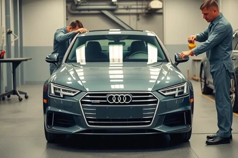 A professional automotive workshop scene showing an Audi A4 (2015-2022 model) with its front windshield being removed and a new windshield being installed. The car is positioned centrally, with a mechanic in protective gear using appropriate tools (suction cups, trim removal tools) to handle the glass. The focus is on the detailed car body, the windshield glass, and the workshop environment, with realistic lighting and high resolution.