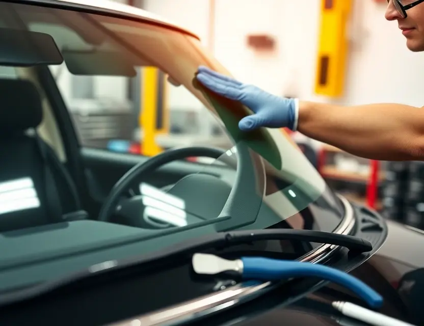 A close-up shot of a Mini Cooper windshield being replaced by a mechanic. The mechanic is wearing gloves and a safety glasses. The windshield replacement process is visible, with tools and parts scattered around. Focus on the mechanics' hands and the replacement windshield.